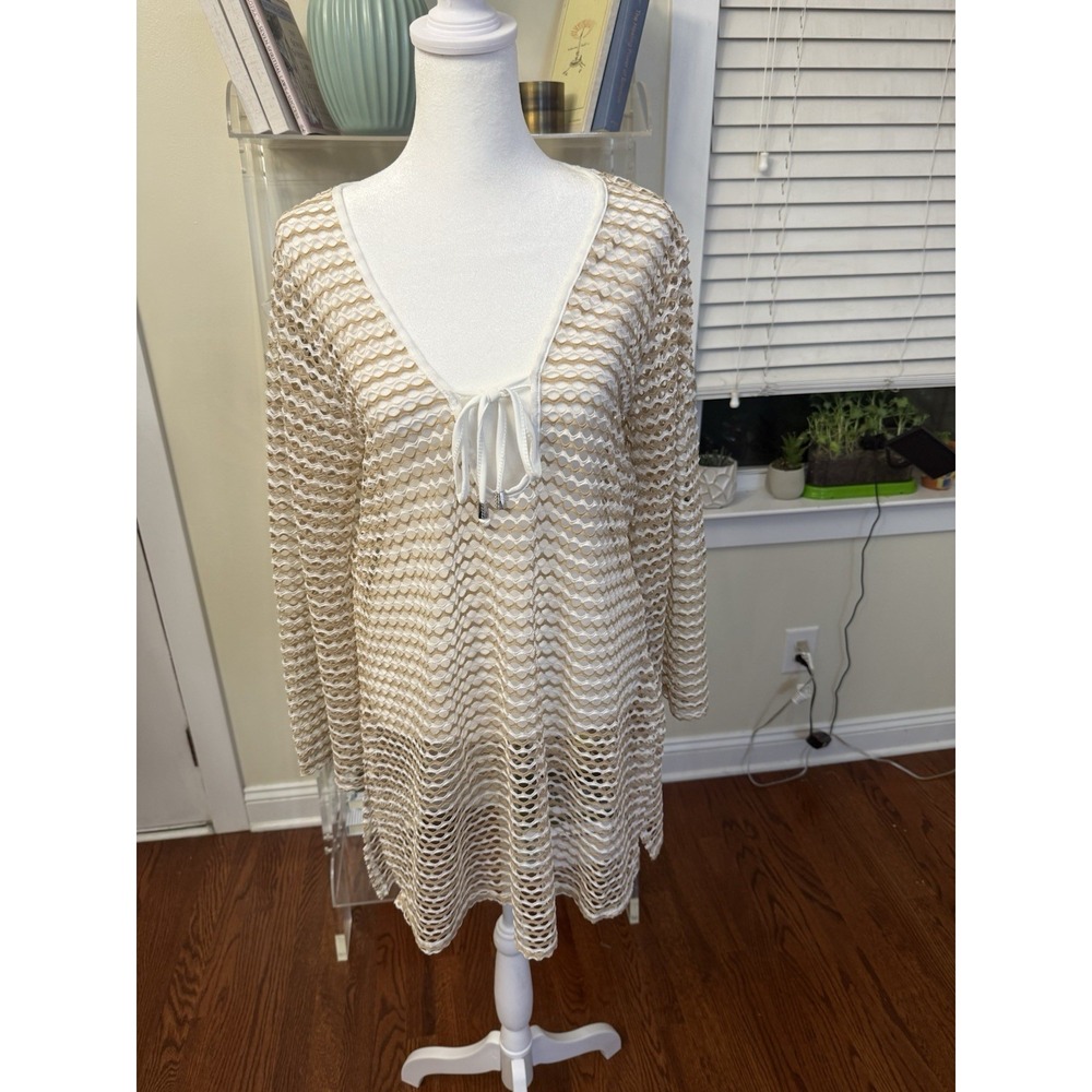 DOTTI Women's Front Tunic Swim Cover Up Dress Sz Medium Cream White Tan NWT New